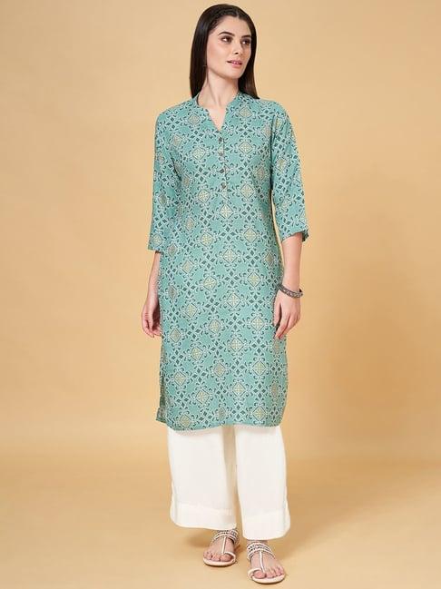 rangmanch by pantaloons green printed straight kurta