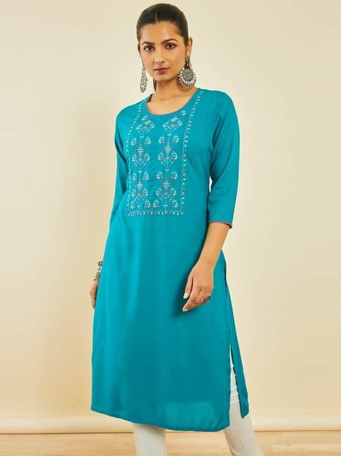 soch turquoise blue rayon slub floral embroidered kurta with contrast piping