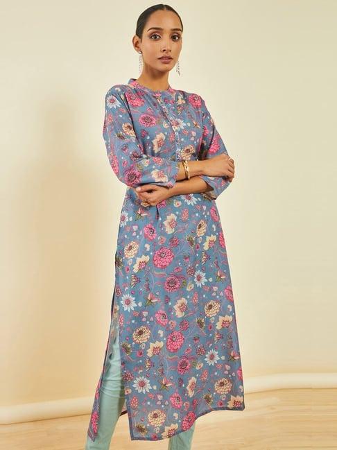 soch grey muslin floral print straight kurta with beads work