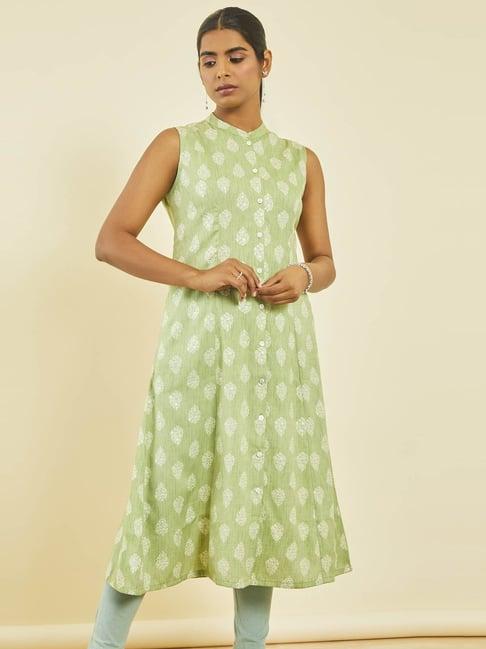 soch green rayon printed straight kurta with princess seam