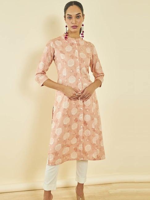 soch peach rayon printed straight kurta with princess seam