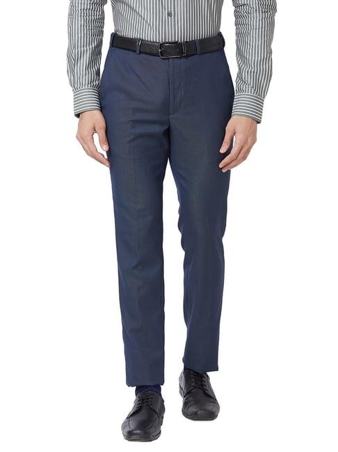 park avenue dark blue super slim fit self pattern trousers