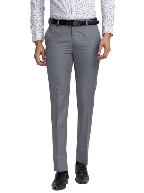 park avenue medium grey super slim fit self pattern trousers