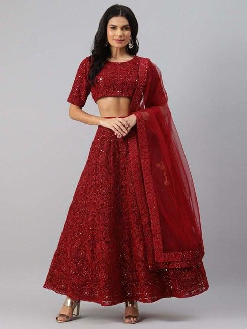 dresstive maroon embroidered semi-stitched lehenga choli set with dupatta