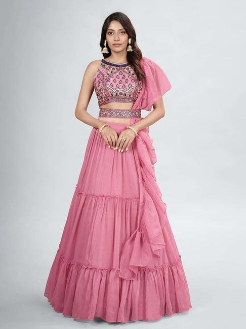 dresstive pink embroidered semi-stitched lehenga choli set with dupatta