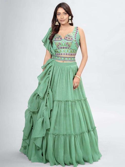 dresstive green embroidered semi-stitched lehenga choli set with dupatta