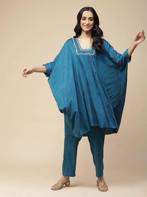 aarke ritu kumar blue kaftan kurta pant set