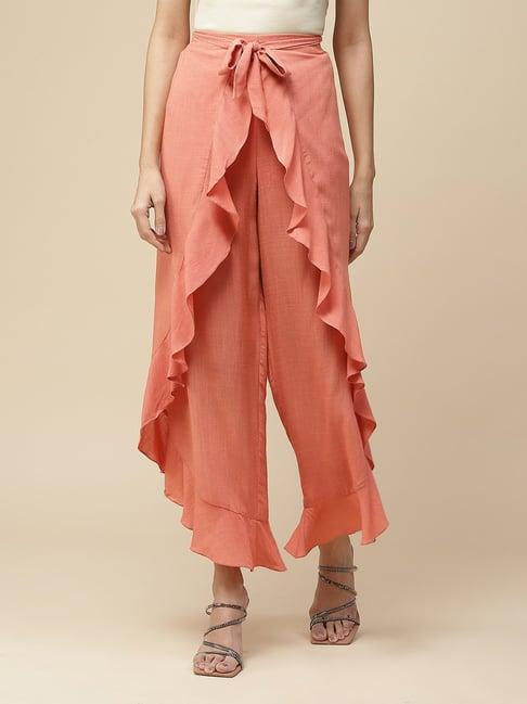 aarke ritu kumar peach mid rise relaxed fit frill palazzos