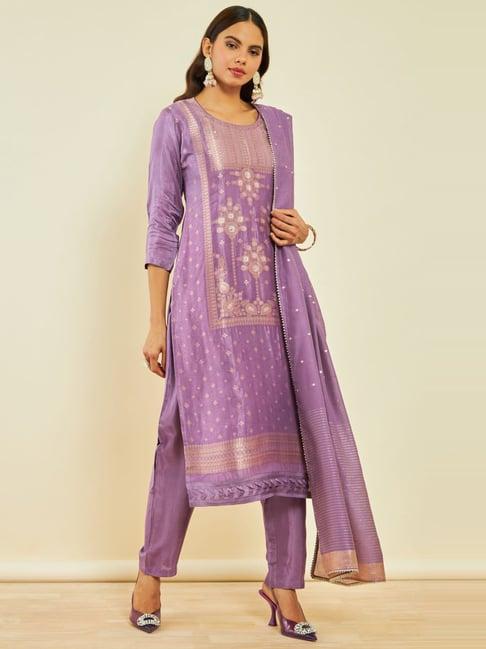 soch purple silk blend jacquard woven straight suit set with dupatta