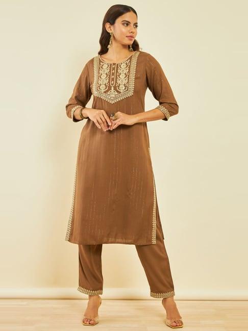 soch brown rayon embroidered straight kurta set with sequin embellishments