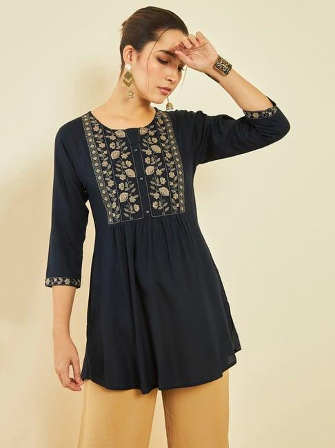 soch navy blue rayon floral embroidered round-neck tunic with vented hemline