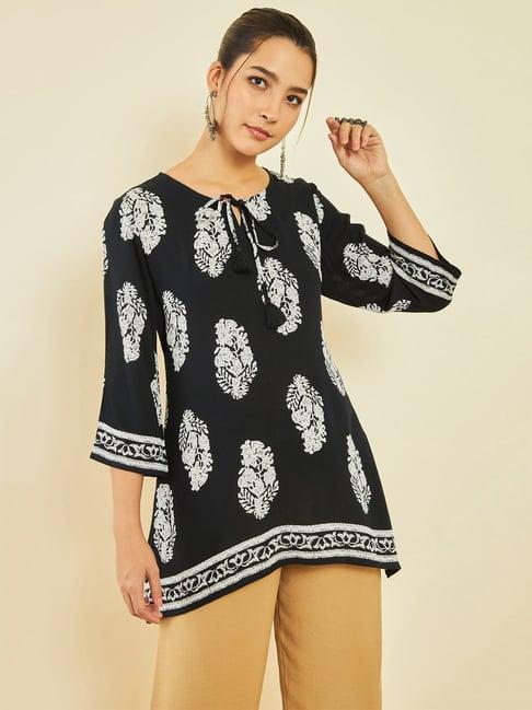 soch black crepe floral print round-neck tunic with vented hemline