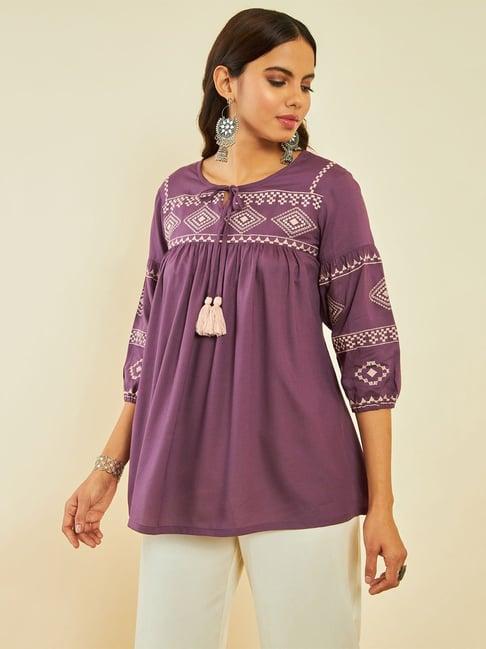 soch purple rayon geometric embroidered round-neck tunic with neck tie-up