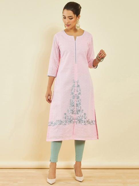 soch blush pink cotton all-over thread embroidered straight kurta