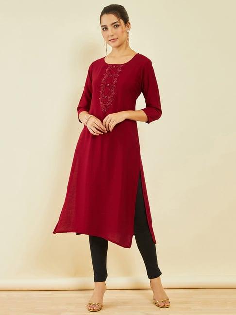 soch maroon viscose blend cutdana embroidered round-neck straight kurta