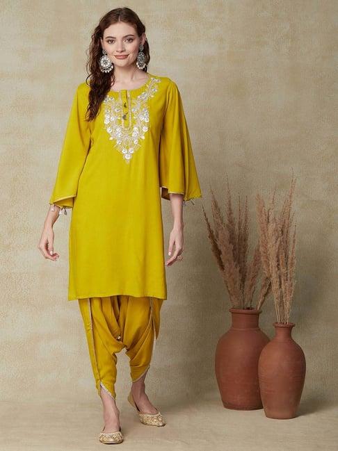 fashor yellow embroidered kurti dhoti pant set