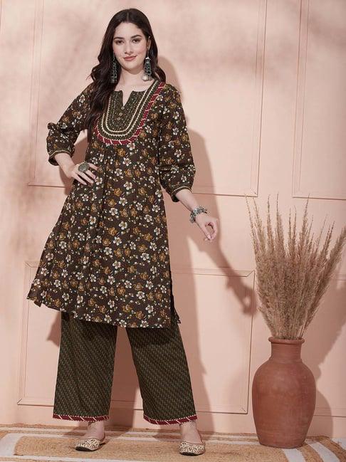 fashor moss green cotton floral print kurta palazzo set