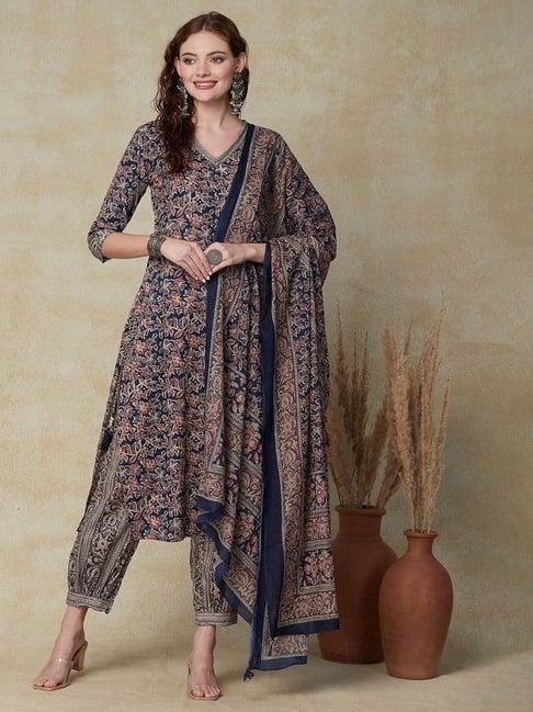 fashor blue cotton floral print kurta salwar set with dupatta