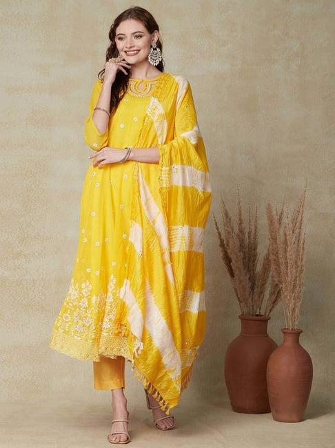 fashor yellow embroidered anarkali kurta pant set with dupatta