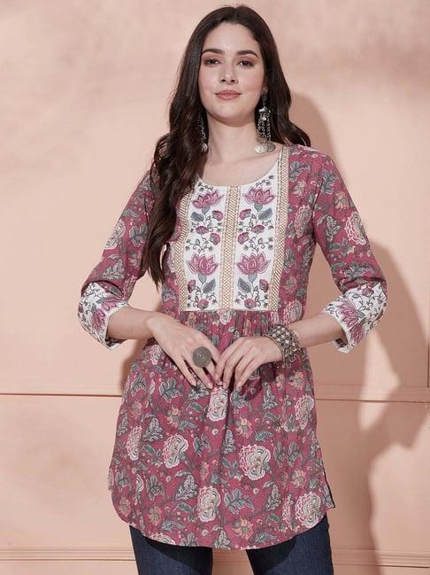 fashor pink cotton floral print a line kurti