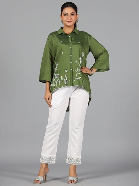 juniper green & white embroidered shirt pant set