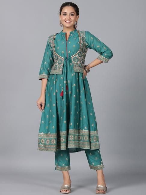 juniper blue printed kurta pant set with jacket