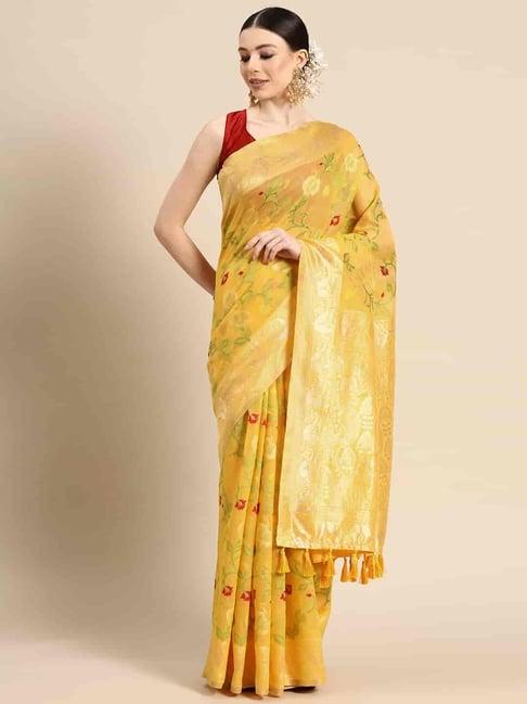 silk land yellow cotton woven saree with unstitched blouse