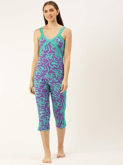 slumber jill green & purple printed top with capris