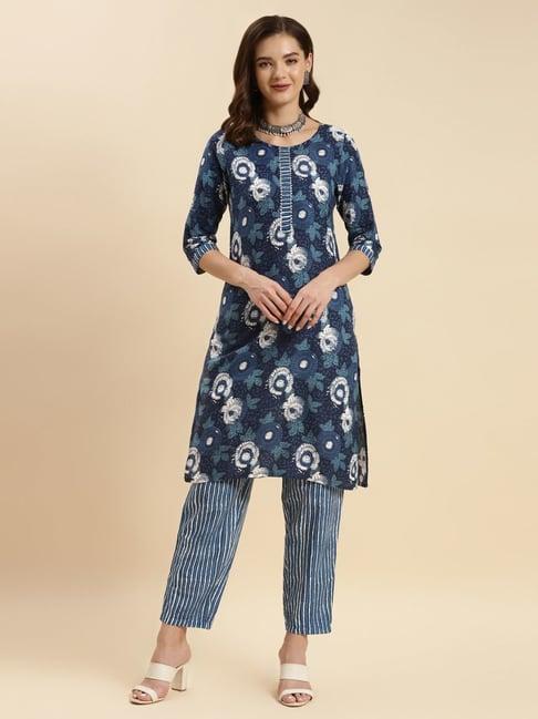 rangita blue cotton printed kurti pant set