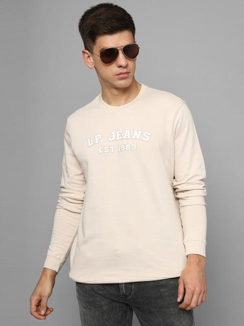 louis philippe jeans beige & white cotton regular fit printed sweatshirt