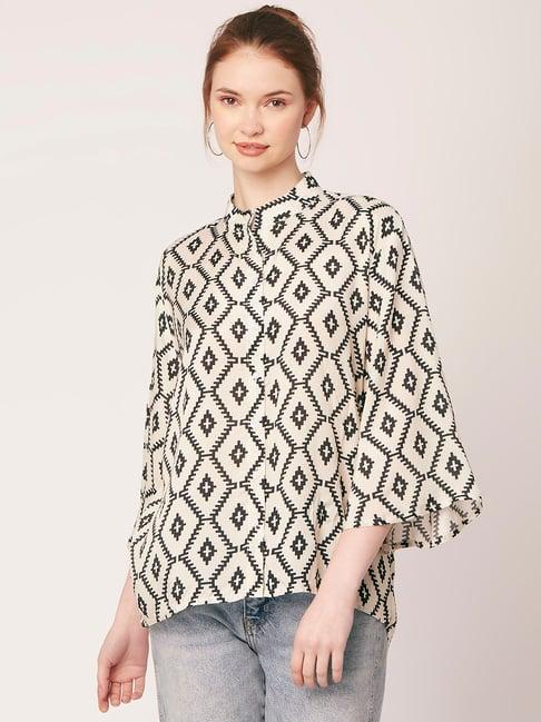 moomaya off white & black viscose printed shirt