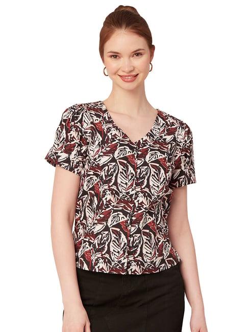 moomaya black & maroon cotton printed shirt