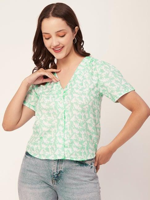 moomaya mint green & white rayon floral print shirt