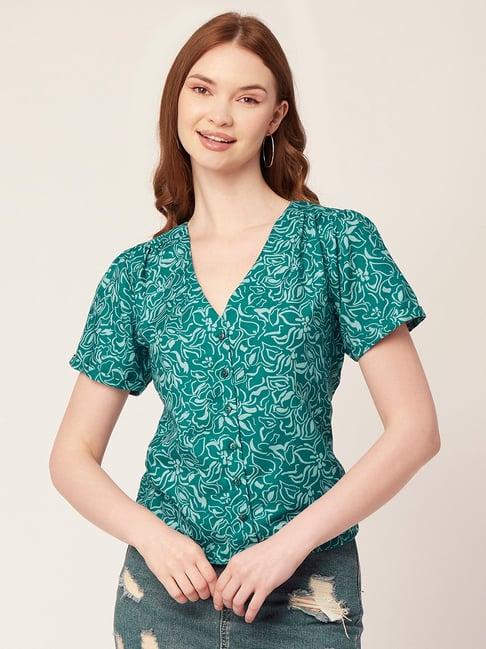 moomaya teal & white rayon floral print shirt