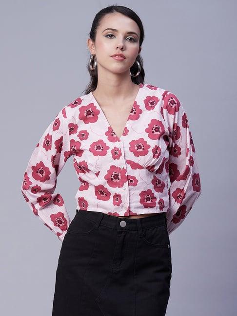 moomaya coral cotton floral print crop top