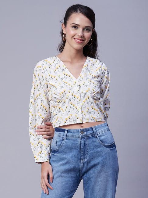 moomaya white cotton floral print crop top