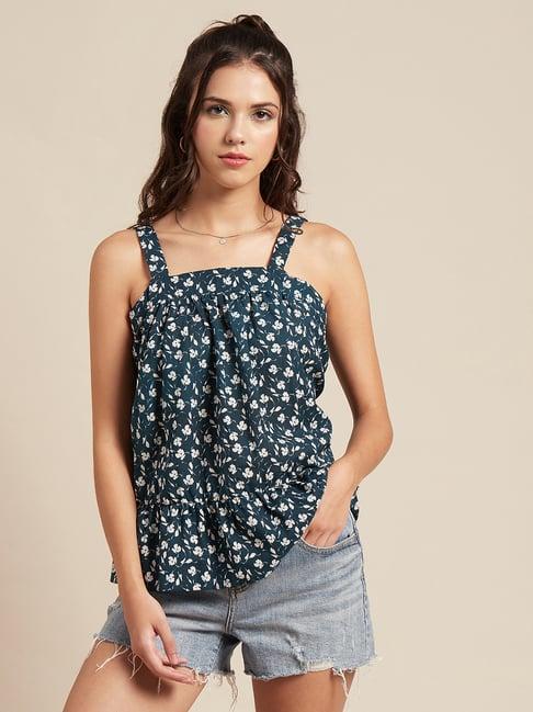 moomaya teal cotton floral print top