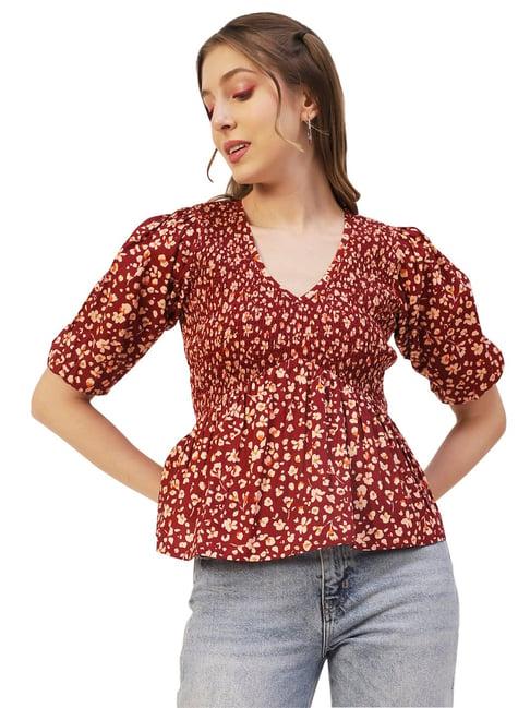 moomaya maroon cotton floral print peplum top