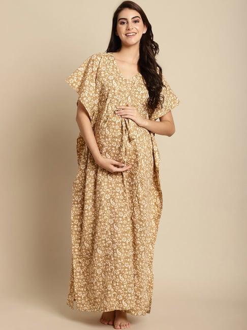 secret wish beige floral print maternity kaftan nighty