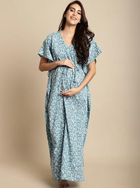 secret wish blue floral print maternity kaftan nighty