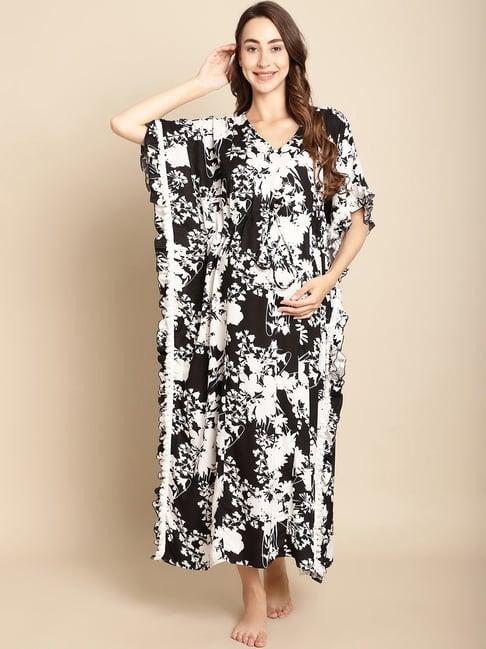 secret wish black & white floral print maternity kaftan nighty