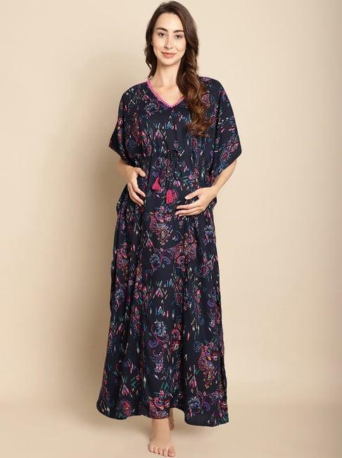 secret wish dark navy floral print maternity kaftan nighty