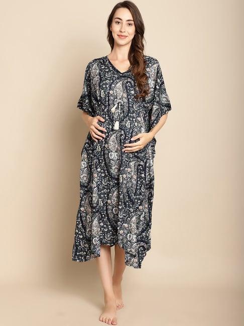 secret wish navy printed maternity kaftan night dress