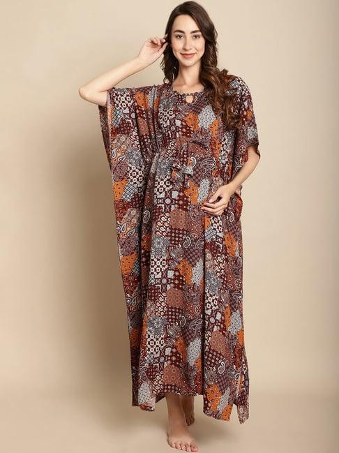 secret wish dark maroon printed maternity kaftan nighty