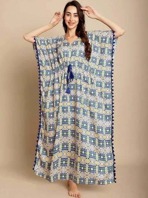 secret wish white & blue printed kaftan nighty