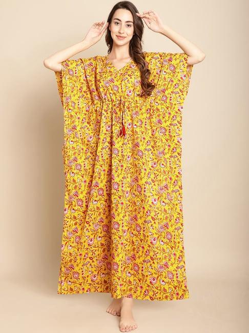 secret wish mustard floral print kaftan nighty