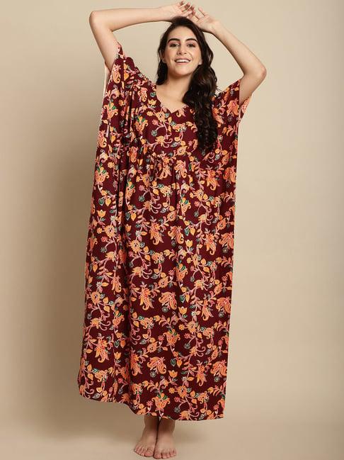 secret wish maroon floral print kaftan nighty