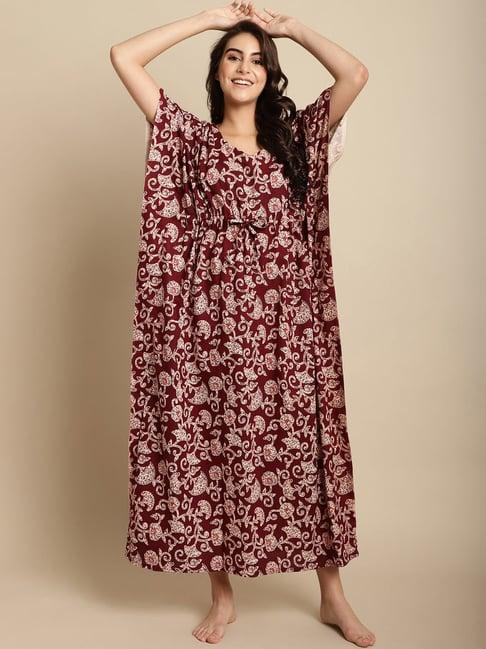 secret wish maroon floral print kaftan nighty