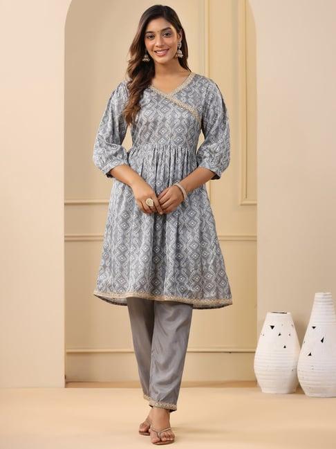 jaipur kurti grey bandhej print kurta pant set