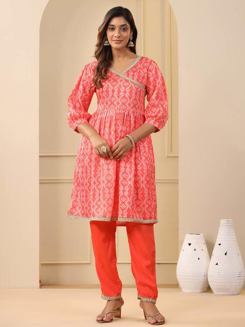 jaipur kurti orange bandhej print kurta pant set